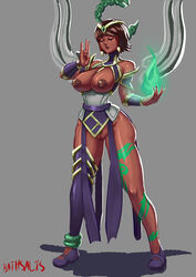 1girls bathsalts1 breasts brown_hair closed_eyes clothed exposed_breasts eyes_closed karma_(league_of_legends) league_of_legends pubic_hair pussy solo solo_female tagme tattoo thighs