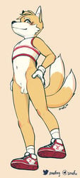 anthro black_nose bottomwear canid canine clothed clothing flat_chested footwear fox fur gloves handwear hi_res legwear looking_at_viewer male male_only mammal midriff multicolored_tail navel red_clothing red_footwear shorts snofu socks solo sonic_(series) sonic_the_hedgehog_(series) tails topwear white_clothing white_legwear white_socks