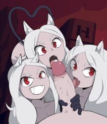 1boy 3girls big_penis cerberus_(helltaker) demon_girl demon_tail eye_contact fellatio female foursome gloves handjob helltaker large_penis licking licking_penis long_ears long_hair looking_at_viewer precum red_eyes redx331 smug tail veiny_penis white_hair