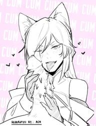 1boy after_fellatio after_oral ahri animal_ears barbed_penis bare_shoulders blush english_text eyebrows_visible_through_hair female hair_between_eyes heart heart-shaped_pupils highres large_penis league_of_legends less long_hair looking_at_viewer monochrome one_eye_closed original penis pink_background pov precum simple_background smile symbol-shaped_pupils tongue tongue_out upper_teeth