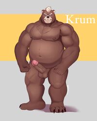 2020 anthro balls bara barmaku belly brown_body brown_fur erection fur genitals hi_res humanoid_hands male male_only mammal moobs navel nipples overweight overweight_male penis simple_background solo text ursid