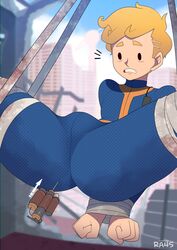 1boy blonde_hair blue_suit bondage bulge drugs fallout femboy free_use hands_behind_back imminent_rape injection jumpsuit male male_only needle public_use ra4s solo surprised syringe thick_thighs tied_hands tied_up vault_boy vault_suit white_skin