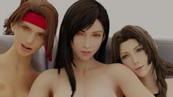 3d 3d_(artwork) 3girls aerith_gainsborough animated barefoot black_hair brown_hair double_fingering feet female female_only final_fantasy final_fantasy_vii final_fantasy_vii_remake fingering green_eyes headband jessie_rasberry long_hair no_sound nude red_eyes sex threesome tifa_lockhart tifan video yuri