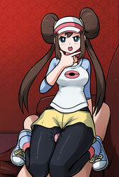 1boy 1girls blue_eyes brown_hair clothed_female_nude_male game_cg hat highres human looking_at_viewer male_pov mosbles pantyhose penis pokemon pokemon_bw pokemon_bw2 pokemon_masters precum rosa's_pose_analyzing rosa_(pokemon) shoes simple_background sneakers sofa sumata sumata_cafe thick_thighs thigh_sex twintails visor_cap