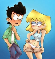 1boy 1girls blonde_hair blush bobby_santiago breasts canon_couple couple curvy dark-skinned_male dark_skin drawsoyeah eyeshadow female half-closed_eyes human lori_loud male midriff navel panties pants shirt smile straight_hair tank_top the_loud_house thin_waist underwear white_panties wide_hips