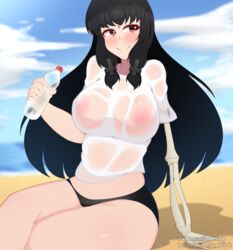 beach black_hair black_panties blush bone bones breasts cross female large_breasts long_hair original original_character red_eyes smile water_bottle watermark wet wet_clothes white_shirt zapklink