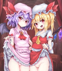 2girls ascot bat_wings black_wings blonde_hair breasts brooch cowboy_shot fangs flandre_scarlet hat hat_ribbon highres jewelry lifted_by_self long_hair looking_at_viewer mob_cap multiple_girls no_panties open_mouth pink_headwear pink_shirt pink_skirt purple_hair pussy rabittofaa red_eyes red_neckwear red_ribbon red_skirt red_vest remilia_scarlet ribbon shirt short_sleeves siblings sisters skirt skirt_lift skirt_set small_breasts smile touhou vest white_headwear wings wrist_cuffs yellow_neckwear