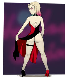 1girls alternate_costume ass back_view batman_(series) blonde_hair choker clothing dc dc_comics dress dress_lift dress_pull emberstock exposed_ass female female_only footwear harley_quinn harley_quinn_(series) high_heels rear_view smirk solo solo_female supervillainess thong