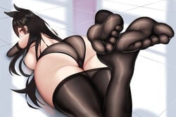 3:2 animal_ears ass atago_(azur_lane) azur_lane back black_gloves black_hair black_legwear black_panties black_underwear blush breasts brown_eyes damao_yu elbow_gloves eyebrows_visible_through_hair eyeliner fanbox_reward feet female gloves hair_ornament high_resolution long_hair looking_at_viewer lying makeup on_stomach paid_reward pantsu pantyhose pantyhose_pull solo underwear very_high_resolution