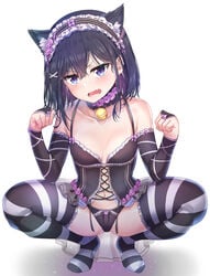 1girls adagaki_aki bell black_hair black_panties cat_ears lingerie masamune-kun_no_revenge small_breasts striped thighhighs