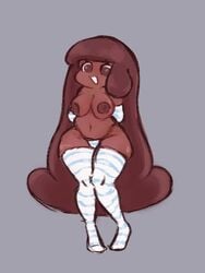 big_breasts brown_eyes brown_hair brown_skin chubby cocoa_cookie cookie_run jaem large_breasts legwear long_hair panties striped_legwear striped_panties