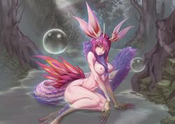 1girls arm_support ass between_breasts blue_eyes breasts bubble claws dragon_girl female fur horns humanized mizutsune monster_hunter nature nipples nude outdoors parted_lips personification pink_hair pink_skin proudsoul scales short_hair sitting smile solo tail