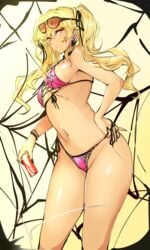 :o absurdres agetama bikini black_bow black_bullet black_nails blonde_hair bow bracelet breasts can contrapposto earrings female gyaru hairbow halterneck highres jewelry katagiri_yuzuki kogal long_hair looking_at_viewer looking_to_the_side nail_polish navel older orange_eyes side-tie_bikini sideboob solo standing sunglasses sunglasses_on_head swimsuit tan twintails