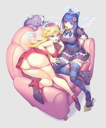 2girls ass big_ass big_breasts blonde_hair blue_eyes blue_hair bow breasts chuck_(psg) clothing couch dress dress_lift finger_to_mouth gomashio_ponz goth gothic_lolita high_heels high_resolution honekoneko_(psg) light-skinned_female light_skin long_hair looking_at_viewer multiple_girls panties panties_down panties_pull panties_removed panty_&_stocking_with_garterbelt panty_anarchy pantyshot pink_panties pulled_by_self purple_dress purple_hair red_dress smiling smiling_at_viewer stocking_anarchy stockings striped_legwear striped_thighhighs teasing thick_thighs thighhighs underwear undressing