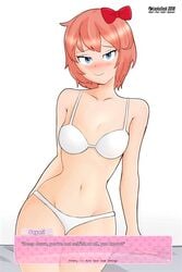 blue_eyes blush bow bra ddlc_text_box doki_doki_literature_club female hairbow just_sayori lackatask looking_at_viewer orange_hair panties red_bow sayori_(doki_doki_literature_club) simple_background smile smiling solo thighs