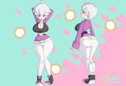 arms_behind_head ass_cleavage back_view bede_(pokemon) beet_(pokemon) big_ass butt_crack curvy female front_view g-string genderswap human large_breasts nintendo pokemon pokemon_ss purple_eyes rule_63 short_hair totonaito tsundere wide_hips