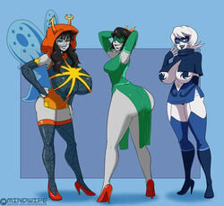 3girls areola ass bimbo black_hair black_lips black_lipstick blindfold blue_background blue_eyes blue_lips breasts clothing glasses grey_skin heels homestuck horns huge_ass huge_breasts long_hair looking_at_viewer mask mindwipe ms_paint_adventures multiple_girls pasties pink_eyes planetofjunk pointy_teeth revealing_clothes roxy_lalonde sharp_teeth short_hair smile smut-tier spider_web_print spider_web_stockings stockings terezi_pyrope thong troll vriska_serket white_hair white_skin wings