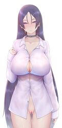 blush breasts censored choker cleavage earrings fate/grand_order fate_(series) female groin heart heart_censor highres jewelry large_breasts long_hair minamoto_no_raikou_(fate/grand_order) naked_shirt nikuku_(kazedesune) purple_eyes purple_hair pussy shirt simple_background sleeveless smile solo white_background