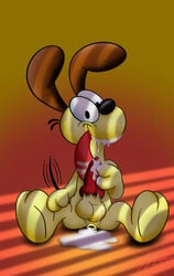 1boy after_anal after_autofellatio after_sex canine canine_penis cum cum_on_face cum_puddle garfield_(series) knot lobofeo long_tongue looking_at_viewer male_only mammal odie sweat tongue_out wagging_tail