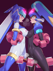 2girls aile android artificial_skin blue_eyes blush bondage bottomless breasts capcom clothed cum cyborg exposed_breasts fairy_leviathan female_only french_kiss green_eyes heavy_breathing inti_creates kissing light_skin masturbation mega_man mega_man_zero mega_man_zx multiple_girls nipples orgasm partially_clothed pussy pussy_juice reploid robot_girl saliva saliva_trail smile suspended_congress sybian tagme ukimukai yuri