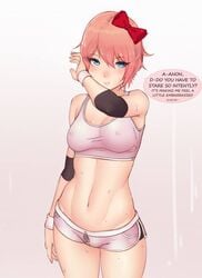 1girls blue_eyes bluefield blush bow cameltoe doki_doki_literature_club english_text eyebrows_visible_through_hair female gym_uniform hairbow just_sayori looking_at_viewer nipples_visible_through_clothing red_bow sayori_(doki_doki_literature_club) simple_background solo speech_bubble sweat sweating talking_to_viewer text thigh_gap thighs