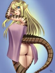 1girls alternate_version_available blonde_hair blue_eyes brown_scales dinosaur dinoterra female hand_on_head husa_(species) kayserend long_ears long_hair looking_at_viewer reigna_ceasa source_request stripes t-rex theropod towel wet