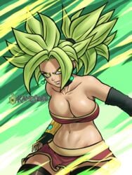 1girls abs absurd_res absurdres artist_name belly belly_button biceps big_breasts black_sleeves breasts dragon_ball dragon_ball_super earrings female female_focus female_on_top female_only fusion gold_bracelet green_background green_earrings green_hair hips kameseru kefla legendary_super_saiyan looking_away looking_to_the_side looking_up muscles navel ponytail potara_earrings red_clothing saiyan serious serious_look shiny shiny_breasts shiny_hair shiny_skin skirt skirt_up solo solo_female solo_focus spiky_hair super_saiyan thick thick_bottom_lip thick_hips thick_thighs thigh_highs thighhighs thighs tube_top tubetop watermark yellow_eyes