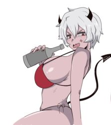 alcohol bikini breasts demon_girl devil devil_tail female from_side helltaker horns kinaee large_breasts malina_(helltaker) open_mouth red_eyes short_hair sideboob solo swimsuit tail tomboy white_background white_hair