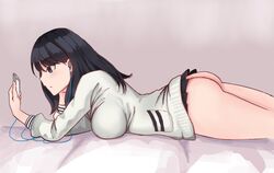1girls 2018 ass black_hair blue_eyes breasts cellphone clothed devilukez earbuds female jacket long_hair lying no_panties on_bed on_stomach sideboob skirt solo ssss.gridman takarada_rikka watching white_background white_skin