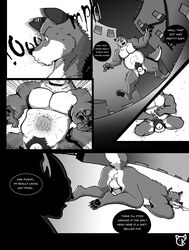 ... action_lines alley animal_genitalia anthro anus ass ass_up balls bodily_fluids building canid canine canis comic dialogue digital_media_(artwork) digitigrade ear_piercing ear_ring english_text genitals hi_res holding_stomach kan0101 kneeling male male_only mammal monochrome muscular muscular_male on_ground onomatopoeia open_mouth pawpads paws piercing pubes punch punching raised_tail rhinocerotoid saliva screentone sheath slightly_chubby sound_effects sweat text tongue tongue_out tuft twitching wolf x_eyes
