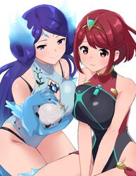 2girls aqua_swimsuit black_swimsuit breasts brighid_(xenoblade) chest_jewel cleavage_cutout elbow_gloves fiery_hair gloves highres large_breasts looking_at_viewer mokki multiple_girls nintendo purple_eyes purple_hair pyra_(xenoblade) red_eyes red_hair short_hair simple_background smile swimsuit tiara white_background xenoblade_(series) xenoblade_chronicles_2