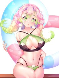 alternate_costume big_breasts bikini braided_hair breasts cleavage demon_slayer earrings female green_eyes heart-shaped_pupils innertube kanroji_mitsuri kimetsu_no_yaiba large_breasts looking_at_viewer mole_under_eye pink_hair sitting solo swimsuit two_tone_hair uosaasou wet_skin