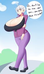 bede_(pokemon) beet_(pokemon) blush blushing curvy dialogue female huge_breasts human jcdr large_breasts nintendo pokemon pokemon_ss rule_63 short_hair shy speech_bubble tsundere walking