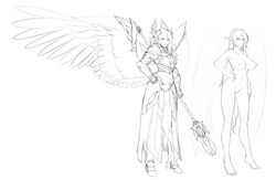 absurdres angel angel_wings armor breastplate breasts collarbone eyebrows_visible_through_hair female gauntlets hair_between_eyes hand_on_hip highres holding holding_weapon large_breasts less long_hair looking_at_viewer midriff monochrome navel nipples nude original pauldrons pointy_ears polearm pussy shin_guards shoulder_armor solo stomach weapon wings