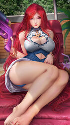 1girls ass barefoot big_breasts blue_panties breasts cleavage feet female female_only large_breasts league_of_legends looking_at_viewer miss_fortune open_chest panties red_hair solo toes upskirt windwalker