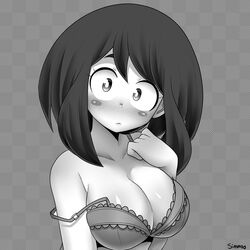 1girls big_breasts blush bra breasts cleavage female female_only large_breasts looking_at_viewer monochrome my_hero_academia ochako_uraraka rosy_cheeks shounen_jump simmsy solo