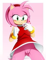 1girls amy_rose blush cute female female_only furry furry_only gloves green_eyes headband heart iryanic lip_biting no_panties partially_clothed pink_fur pink_hair pussy pussy_juice skirt solo sonic_(series) upskirt