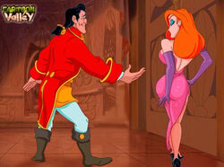 1boy 1girls beauty_and_the_beast breasts cartoonvalley.com crossover disney disney_villains gaston gloves jessica_rabbit nipples reaching_out restrained stockings who_framed_roger_rabbit