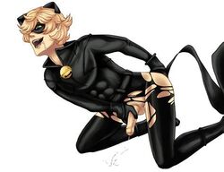 1boy adrien_agreste blonde_hair bodysuit cat_ears cat_noir cum drool_on_face drooling femboy fingering fingering_self gay green_eyes horny jerking light_skin male_only masturbation miraculous_ladybug penis self_fingering solo torn_bodysuit torn_clothing unknown_artist