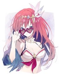 1girls adjusting_eyewear adjusting_glasses alexiel bikini blue_eyes blush breasts cleavage female female_focus female_only glasses granblue_fantasy hair_between_eyes hair_ornament highres jacket long_hair looking_at_viewer looking_over_eyewear looking_over_glasses medium_breasts mouth_open navel red-tinted_eyewear red-tinted_glasses red_hair rilmok solo sunglasses swimsuit tinted_eyewear upper_body very_long_hair