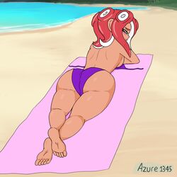 1girls agent_8_(splatoon) azurestar barefoot beach big_ass bikini bikini_top_removed blush bubble_butt dark_skin feet feet_together female female_only half_naked humanoid nintendo octoling octopus red_hair sideboob soles splatoon splatoon_2 sunbathing thick_thighs thighs topless untied_bikini