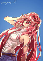 adjusting_glasses alexiel bare_shoulders belt blue_eyes breasts denim female female_focus granblue_fantasy hair_between_eyes hair_ornament heart heart-shaped_eyewear jeans long_hair looking_at_viewer looking_over_eyewear looking_over_glasses medium_breasts pants red-tinted_eyewear red-tinted_glasses red_hair seeadjusting_eyewear shirt solo sunglasses tagme tie tinted_eyewear very_long_hair white_shirt