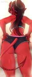 1girls 2020 ass athletic_wear black_shorts booty_shorts brown_hair dat_ass facing_away female headband horns long_hair meru_(merunyaa) merunyaa mole original original_character pointy_ears ponytail red_skin solo sports_bra straight_hair succubus tail