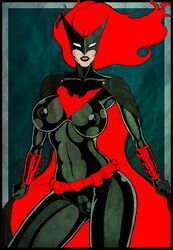 areolae artystab batman_(series) batwoman belt big_breasts bodysuit breasts busty cameltoe cape clothing curvaceous curvy dc dc_comics erect_nipples female female_focus female_only hourglass_figure kate_kane large_breasts lipstick long_hair mask nipples nipples_visible_through_clothing pale-skinned_female pale_skin pinup pose posing red_hair skin_tight solo standing tagme voluptuous wide_hips