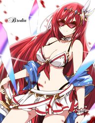 alexiel bangs bare_shoulders bikini blue_eyes breasts cleavage eyebrows_visible_through_hair female female_focus female_only granblue_fantasy hair_between_eyes hair_ornament heart-shaped_eyewear large_breasts long_hair navel red-tinted_eyewear red_hair smile solo sunglasses swimwear tagme tinted_eyewear very_long_hair