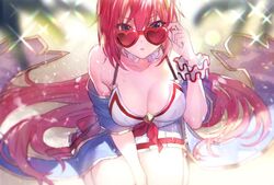 1girls adjusting_eyewear adjusting_glasses alexiel bangs bare_shoulders blue_eyes blurry breasts cleavage collarbone depth_of_field doushite dress female from_above granblue_fantasy hair_ornament halterneck heart heart-shaped_eyewear large_breasts long_hair looking_at_viewer looking_over_eyewear looking_over_glasses red-framed_eyewear red-tinted_eyewear red_hair scrunchie shawl sleeveless sleeveless_dress solo sparkle squatting sunglasses tinted_eyewear very_long_hair water_drop white_dress wrist_scrunchie