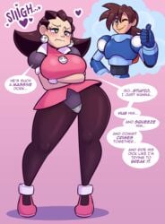 1boy 1boy1girl 1girls aged_up big_ass big_breasts breast_press brown_hair bust busty capcom clothed_female clothing cobatsart dialogue female footwear green_eyes heart-shaped_pupils high_heels hips huge_breasts large_breasts legs looking_at_viewer male mega_man mega_man_legends mega_man_volnutt offscreen_character offscreen_male pale_skin short_hair softcore speech_bubble stockings straight thick thick_legs thick_thighs thighs tron_bonne voluptuous waist wide_hips