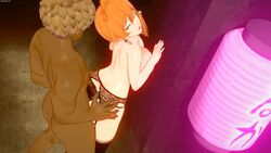 16:9_aspect_ratio 1boy 1girls 3d against_wall alley ambiguous_penetration animated breasts dark-skinned_male dark_skin female high_resolution itsuka_kendou kendou_itsuka koikatsu large_breasts large_filesize lingerie male my_hero_academia orange_hair prostitution sex standing_sex thighhighs topless yuukis