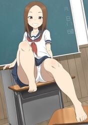 1girls aged_up ass barefoot big_ass blush brown_eyes brown_hair clothing eye_contact feet female female_only huge_ass huge_thighs karakai_jouzu_no_takagi-san long_hair looking_at_viewer nails oryuto pale-skinned_female pale_skin panties school_uniform skirt skirt_up small_breasts smile solo takagi-san thick_thighs thighs voluptuous white_panties wide_hips