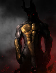 2020 abs absurd_res anthro biceps black_penis bleats canid canine demon digital_media_(artwork) fur genitals glowing glowing_eyes hi_res horn humanoid_genitalia humanoid_penis looking_at_viewer male male_only mammal muscular muscular_male navel nipples nude pecs penis red_eyes simple_background solo vein veiny_penis